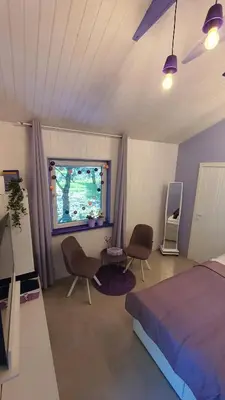 a bedroom with a bed and chairs and a television at Violetinis namelis/ Sodyba Geras in Anykščiai