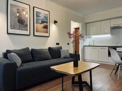 a living room with a black couch and a table at Sun Clock Apartment in Šiauliai