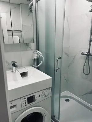 a bathroom with a washing machine and a shower at Sun Clock Apartment in Šiauliai