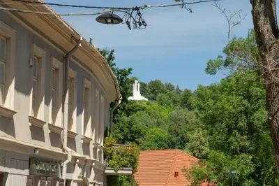 a building with a tower in the background with trees at Church through the window in Vilnius