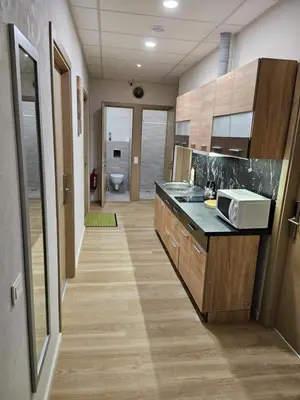 a kitchen with a sink and a microwave on a counter at Kauno apartamentai Big room king size bed in Kaunas