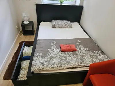 a bed with a black bed frame and a red pillow at Kauno apartamentai Big bed in Kaunas