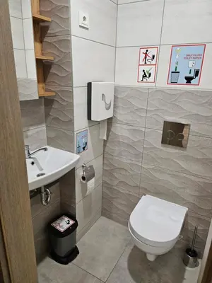 a bathroom with a toilet and a sink at Kauno apartamentai big bed in Kaunas