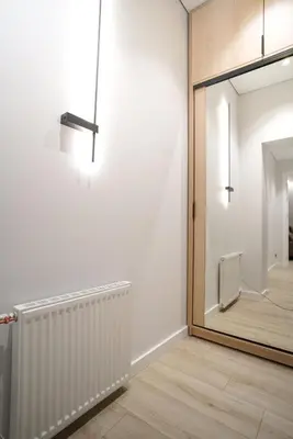 a room with a mirror and a radiator and a door at Old Town apartment in Kaunas