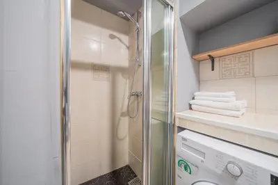 a bathroom with a shower and a washing machine at Klaipedos Apartment - Lollo Stay in Vilnius