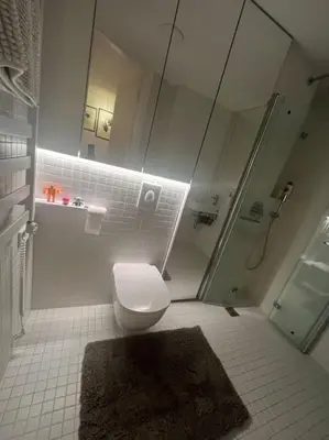 a white bathroom with a toilet and a shower at KAUNAS ATTIC, Apartment in the heart of Kaunas in Kaunas