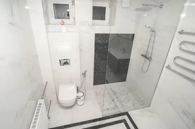 a white bathroom with a shower and a toilet at Oldtown art apartaments in Kaunas
