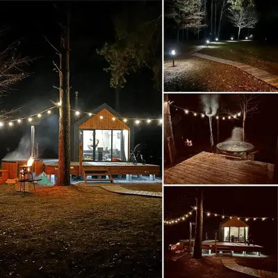 a group of four pictures of a cabin at night at Ramybės parkas in Sponėnai