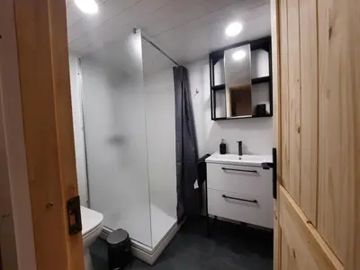 a bathroom with a shower and a toilet and a sink at Ramybės parkas in Sponėnai