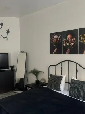 a bedroom with a black bed and a mirror at Modern city centre apartment in Vilnius