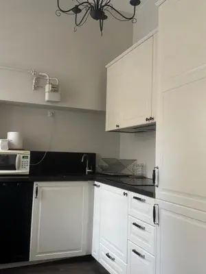 a white kitchen with white cabinets and a microwave at Modern city centre apartment in Vilnius