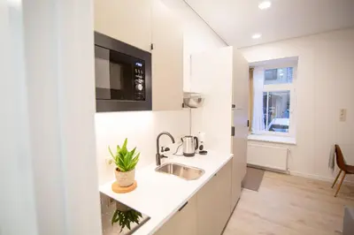 a white kitchen with a sink and a microwave at Lukiskes square apartment (Oldtown) in Vilnius