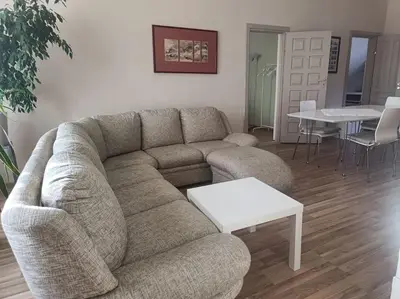 a living room with a couch and a table at Spacious Apartment Panemune in Kaunas