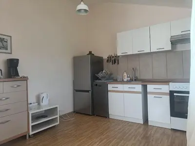 a kitchen with white cabinets and a stainless steel refrigerator at Spacious Apartment Panemune in Kaunas