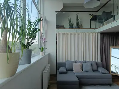 a living room with a blue couch and plants at River Vilnele View Studio in Vilnius