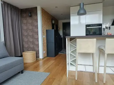 a kitchen and living room with a table and chairs at River Vilnele View Studio in Vilnius