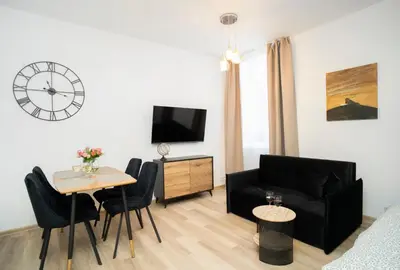 a living room with a black couch and a table at Central Station Apartment No2 in Kaunas