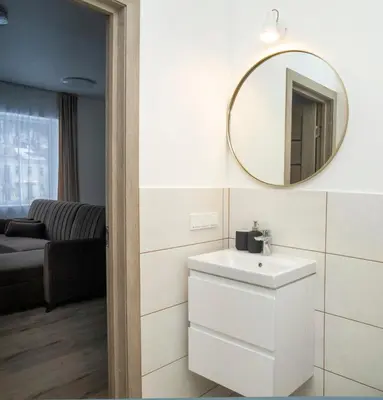 a bathroom with a white sink and a mirror at Central Station Apartment No8 in Kaunas
