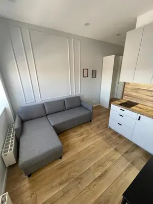 a living room with a couch and a kitchen at 25 Airport Apartment in Vilnius