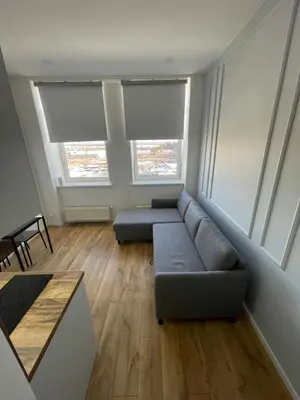 a living room with a couch and two windows at 25 Airport Apartment in Vilnius