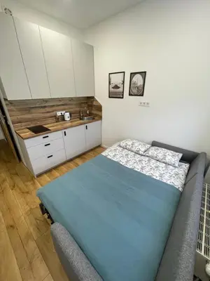 a bedroom with a bed and a sink at 25 Airport Apartment in Vilnius