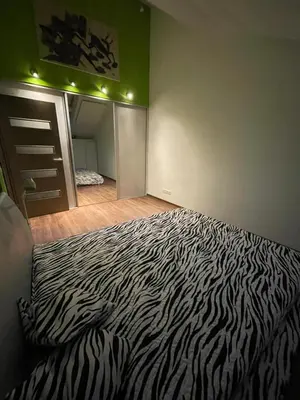 a bedroom with a zebra print bed in a room at Apartamentai prie Seimo in Vilnius