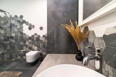 a bathroom with a sink and a shower and a toilet at Stylish apartment in city center in Vilnius