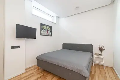 a bedroom with a bed and a flat screen tv at Stylish apartment in city center in Vilnius