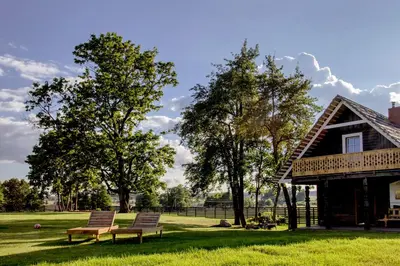 two benches sitting in front of a house at Barškulių Sodyba in Ricieliai