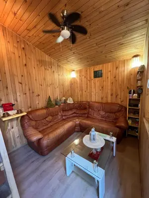 a living room with a leather couch and a ceiling fan at Pasakų pirtelė in Vilnius