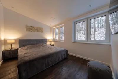 a bedroom with a bed and two windows at Bravo Apartments in Kaunas