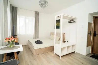 a small room with a bed and a mirror at Central Station Apartment No5 in Kaunas