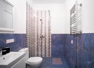 a bathroom with a shower with a toilet and a sink at Central Station Apartment No4 in Kaunas