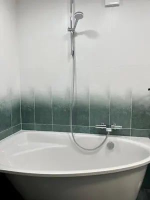 a bath tub with a shower in a bathroom at Marijos apartamentai in Birštonas