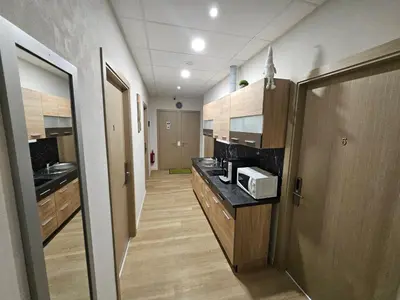 a kitchen with a sink and a microwave at Kauno apartamentai big room king size bed in Kaunas