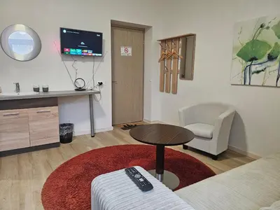 a living room with a couch and a table and a tv at Kauno apartamentai big room king size bed in Kaunas