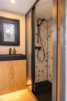 a shower in a bathroom with a glass door at Living art piece at the lake. in Užutrakis