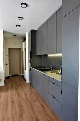 a kitchen with gray cabinets and a wooden floor at Nauji apartamentai su kiemeliu in Kaunas