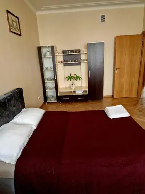 a bedroom with a large bed with a red blanket at Kaunas Center Apartment in Kaunas