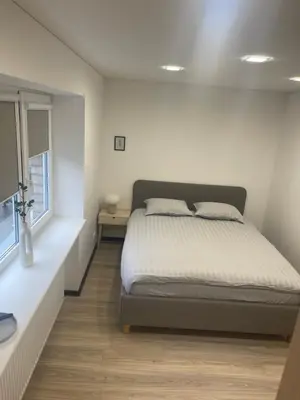 a bedroom with a bed and a window at S&T&A&R apartamentai in Panevėžys