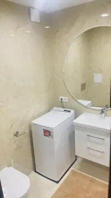a bathroom with a sink and a toilet and a mirror at S&T&A&R apartamentai in Panevėžys