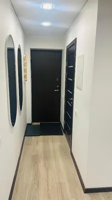 a hallway with a black door and three mirrors at S&T&A&R apartamentai in Panevėžys