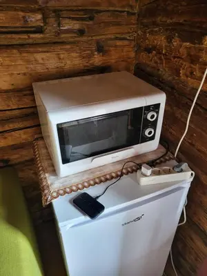 a microwave sitting on top of a white refrigerator at Šimtametis namelis in Anykščiai