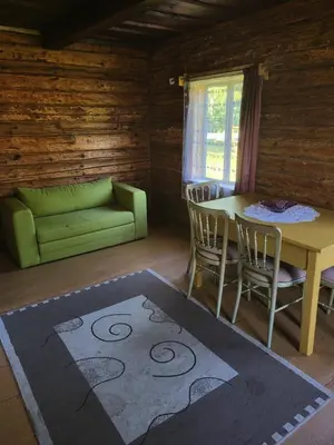 a living room with a table and a green couch at Šimtametis namelis in Anykščiai