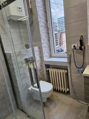a bathroom with a toilet and a window and a shower at Kauno Apartamentai su balkonu in Kaunas