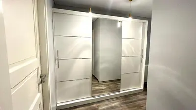 a bathroom with a mirror and a closet with a door at Nemunaiciai in Kaunas