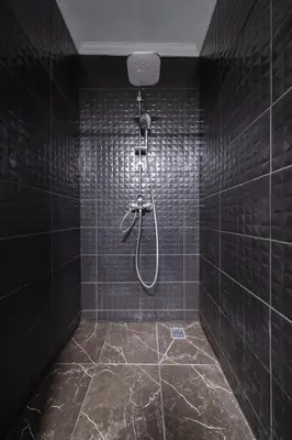 a bathroom with a shower with black tiles at Islandijos Self Check-In Basement Apartments in Vilnius