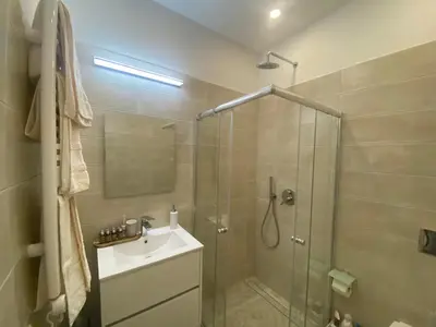 a bathroom with a glass shower and a sink at Apartamentai Ornamentai in Druskininkai