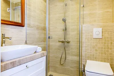 a bathroom with a shower and a sink and a toilet at Center Avenue Apartments in Vilnius