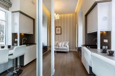 a kitchen with a sink and a living room at Center Avenue Apartments in Vilnius